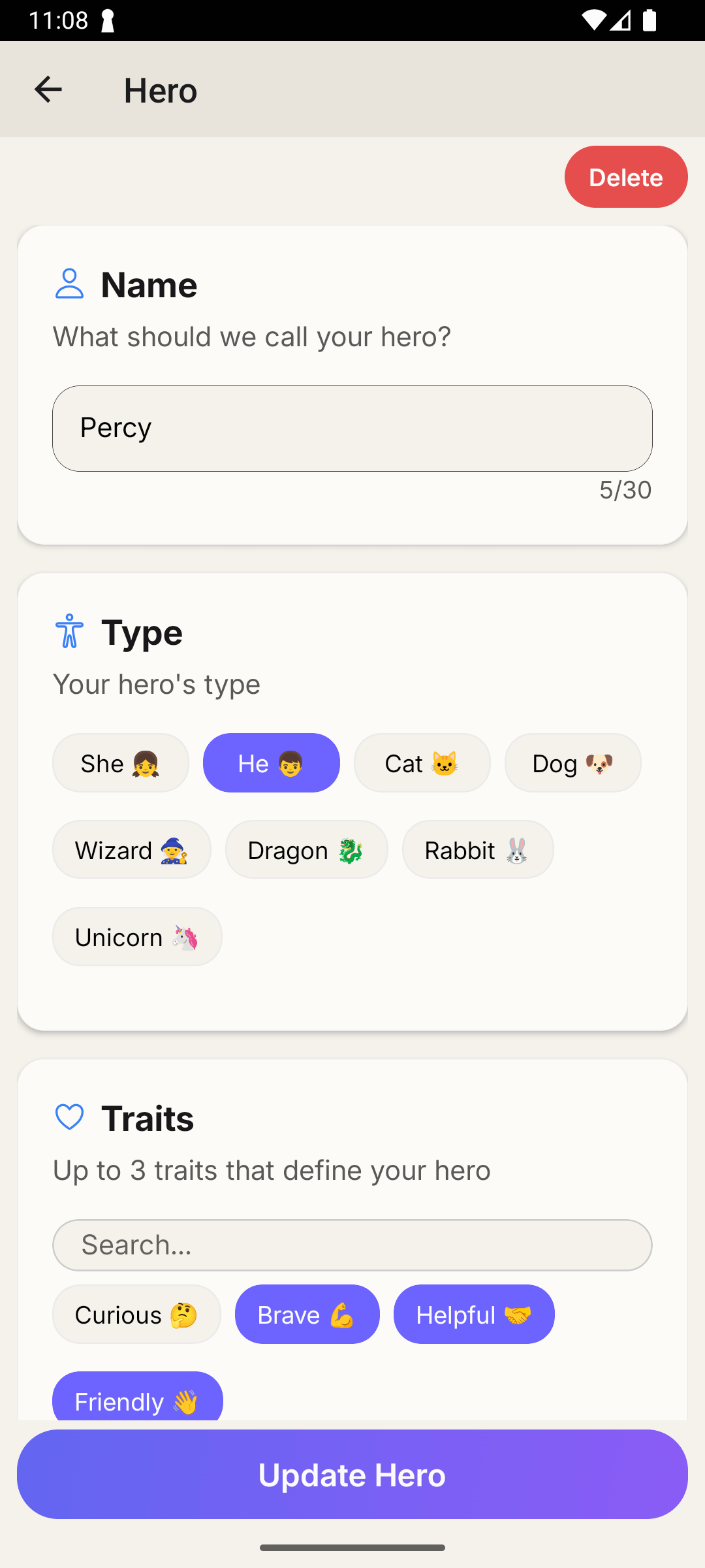 Glimmi app hero creation screen
