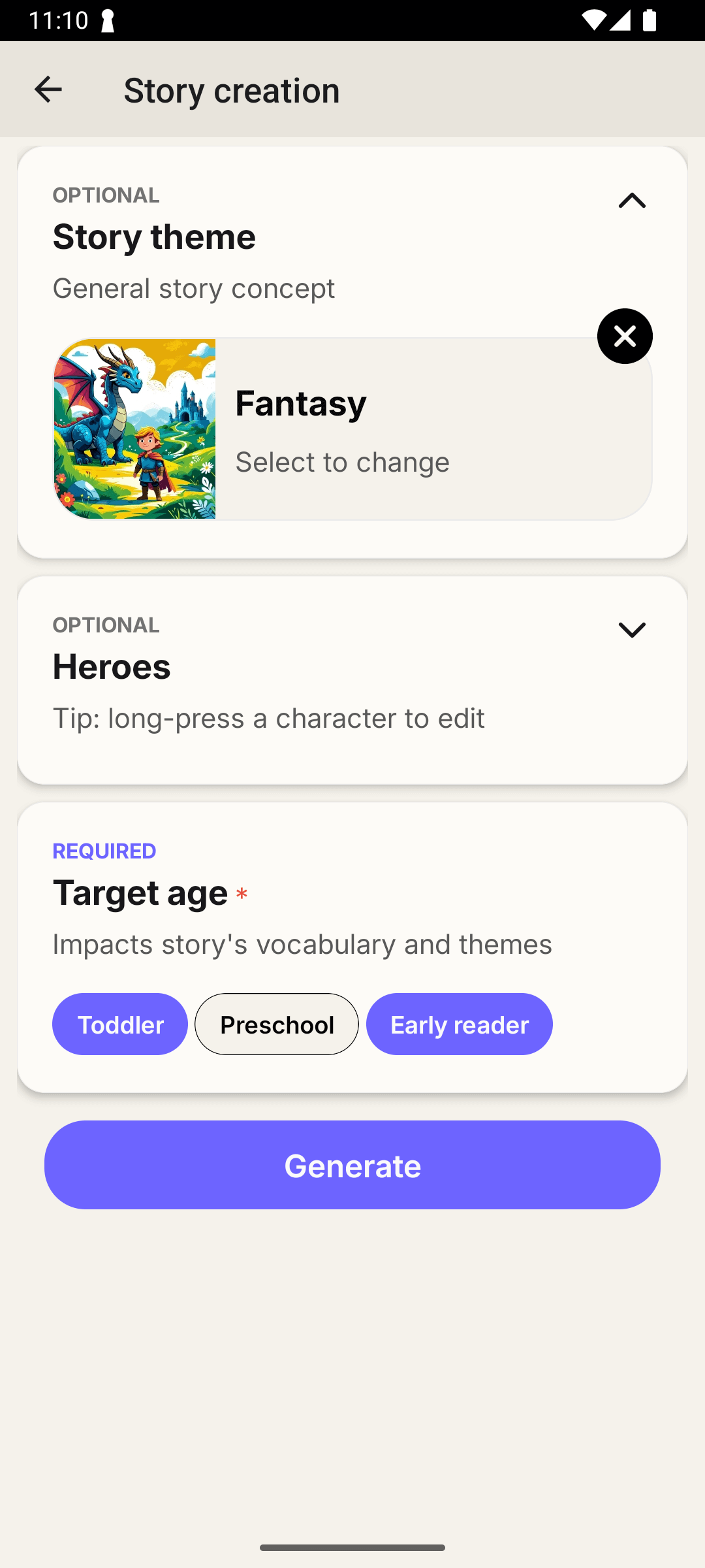 Glimmi app story creation screen